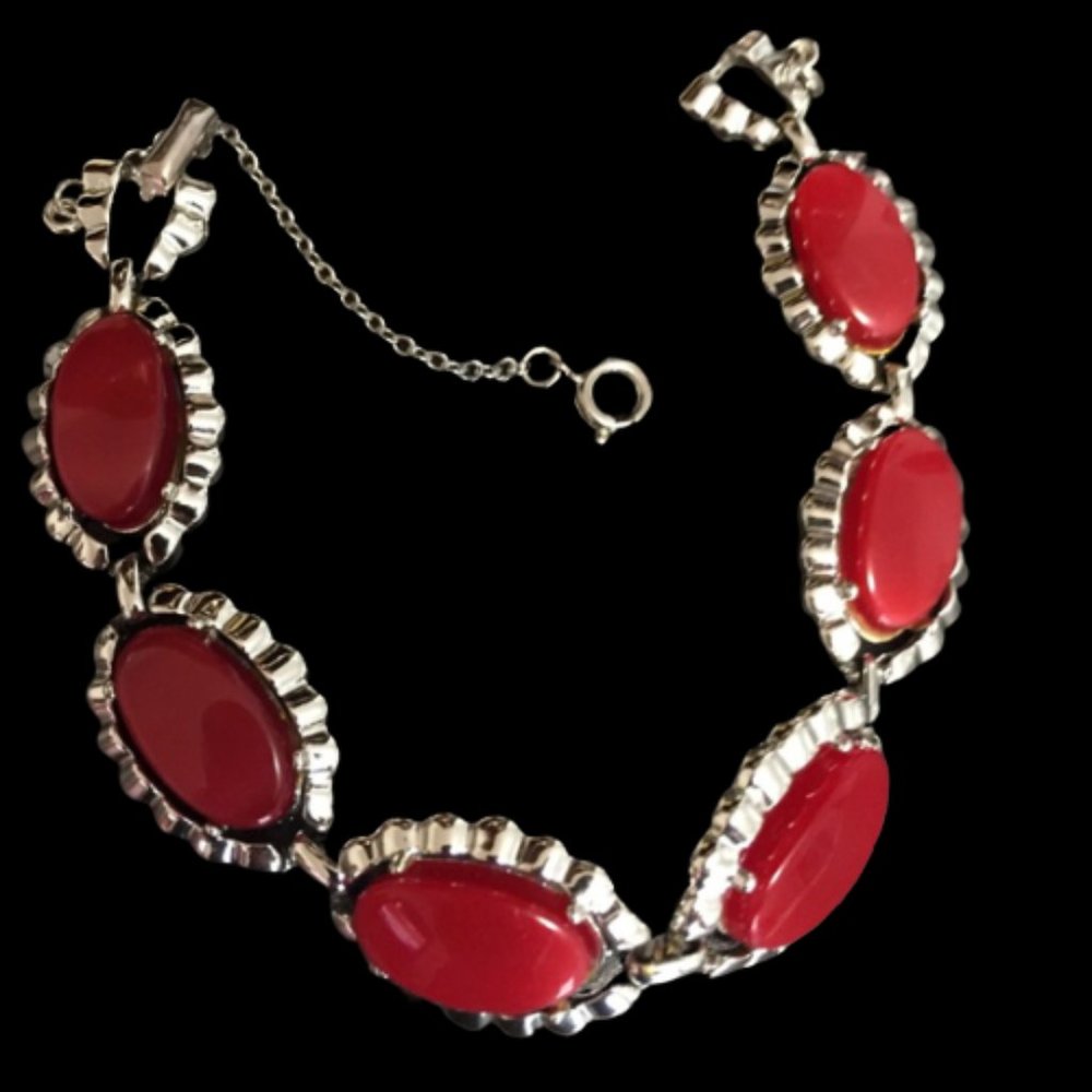 Coro Red Moonglow Lucite Silver Tone Bracelet